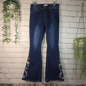 BAMBOO Navy Flare Jeans retro floral embroidered inset on leg Womens 11